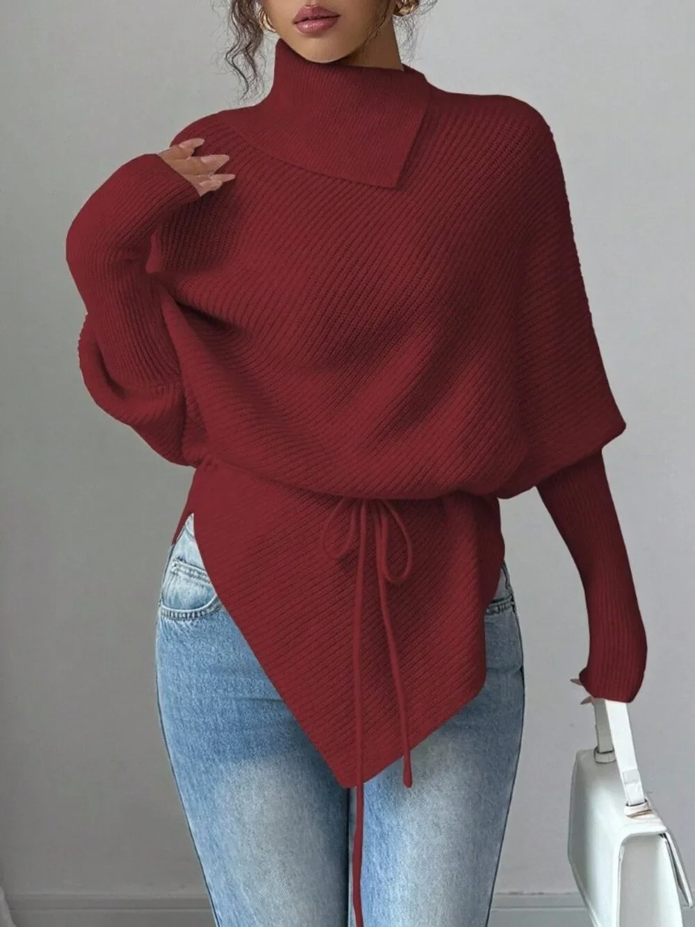 Red Casual Women's High Neck Batwing Sleeve Asymmetrical Hem Tie Waist Sweater
